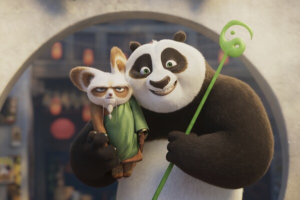 This image released by Universal Pictures shows characters Shifu, voiced by Dustin Hoffman, left, and Po, voiced by Jack Black in a scene from DreamWorks Animation's "Kung Fu Panda 4." (DreamWorks Animation/Universal Pictures via AP)