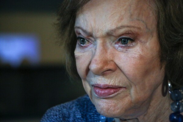 FILE - Former first lady Rosalynn Carter speaks during a news conference at The Carter Center, Nov. 5, 2019, in Atlanta. Carter, the closest adviser to Jimmy Carter during his one term as U.S. president and their four decades thereafter as global humanitarians, has died at the age of 96. (AP Photo/Ron Harris, File)