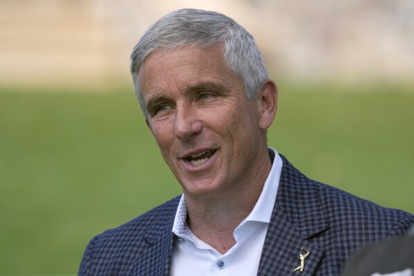PGA Tour commissioner Jay Monahan speaks during the second round of The Players Championship golf tournament Friday, March 15, 2024, in Ponte Vedra Beach, Fla. (AP Photo/Lynne Sladky)