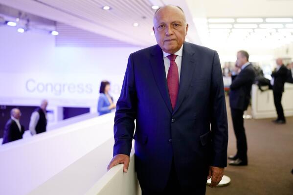 Egyptian Minister of Foreign Affairs Sameh Shoukry poses for media after an interview with the Associated Press at the World Economic Forum in Davos, Switzerland, Monday, May 23, 2022. The annual meeting of the World Economic Forum is taking place in Davos from May 22 until May 26, 2022. (AP Photo/Markus Schreiber)