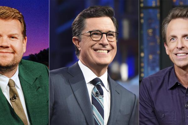 This combination of photos shows from left, James Corden, host of "The Late Late Show with James Corden" on Sept. 14, 2021, Stephen Colbert, host of "The Late Show with Stephen Colbert" on July 11, 2016, and Seth Meyers, host of "The Late Show with Seth Meyers." Eight of television's late-night comics focused much of their shows on the issue of climate change. (CBS/CBS/NBC via AP)