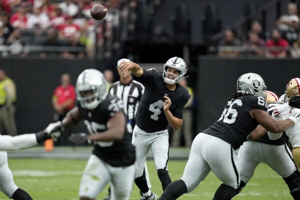 Las Vegas Raiders quarterback Aidan O'Connell (4) gestures as he warms up  before the first half of a preseason NFL football game against the Dallas  Cowboys in Arlington, Texas, Saturday, Aug. 26