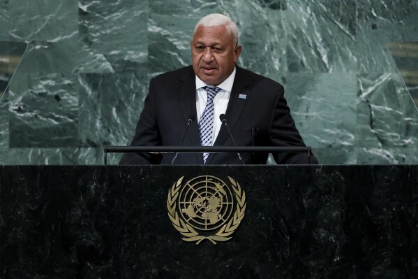 FILE - The then Prime Minister of Fiji Josaia Voreqe Bainimarama addresses the 77th session of the United Nations General Assembly, Sept. 23, 2022, at the U.N. headquarters. Former Prime Minister Bainimarama was sentenced on Thursday, May 9, 2024, to a year in prison for interfering in a criminal investigation while he headed the government of his South Pacific island nation. (AP Photo/Julia Nikhinson, File)