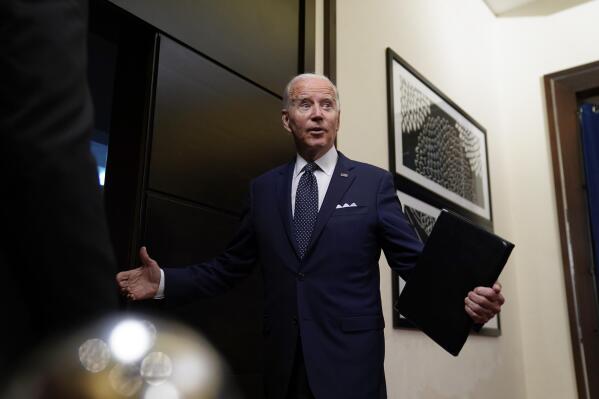 President Joe Biden responds to a question as he leaves after speaking about meetings with Saudi Crown Prince Mohammed bin Salman at the Waldorf Astoria Jeddah Qasr Al Sharq hotel, Friday, July 15, 2022, in Jeddah, Saudi Arabia. (AP Photo/Evan Vucci)