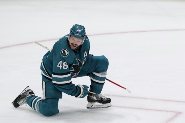 San Jose Sharks center Tomas Hertl celebrates his overtime goal against the New York Rangers in an NHL hockey game Tuesday, Jan. 23, 2024, in San Jose, Calif. (APPhoto/Godofredo A. V谩squez)