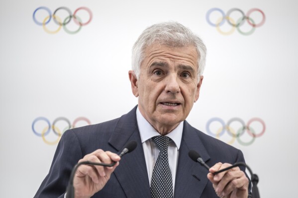 Candidate to the presidency of the International Olympic Committee (IOC) Juan Antonio Samaranch Junior speaks during a press conference following a presentation before their fellow IOC members in Lausanne, Switzerland, Thursday, Jan 30, 2025 (Fabrice Coffrini/Pool Photo via AP, File)