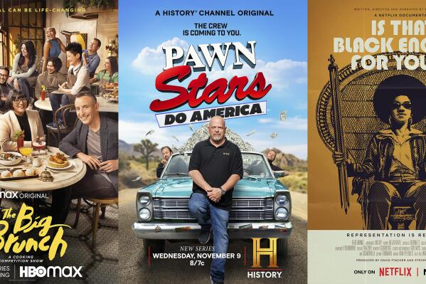 This combination of photos shows promotional art for the cooking competition series "The Big Brunch," left, the series “Pawn Stars Do America," center, and the film "Is That Black Enough for You?" (HBO Max/History/Netflix via AP)
