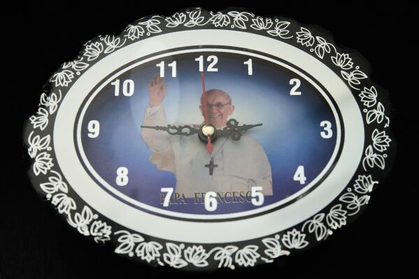 A Pope Francis-themed souvenir watch in Rome, Friday, May 2, 2025. (AP Photo/Bernat Armangue)