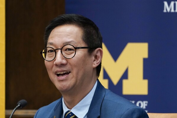 FILE - Santa Ono is introduced as the new president of the University of Michigan, Wednesday, July 13, 2022, in Ann Arbor, Mich. A University of Michigan proposal aimed at deterring disruptions on its Ann Arbor campus after anti-Israel protesters interrupted an honors convocation is sparking backlash from free speech advocates. Violations of the policy, which has yet to be implemented, could result in suspension or expulsion for students and termination for university staff. (AP Photo/Carlos Osorio, File)