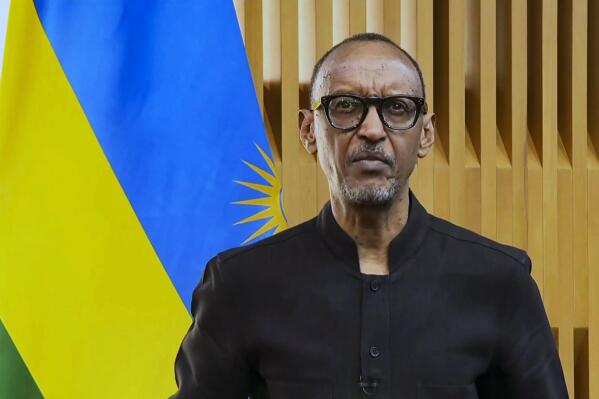 In this photo taken from video shown at United Nations headquarters, Rwanda's President Paul Kagame remotely addresses the 76th session of the U.N. General Assembly in a pre-recorded message, Tuesday Sept. 21, 2021. (UN Web TV via AP)