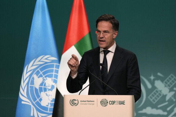 Caretaker Prime Minister Mark Rutte, of the Netherlands, speaks during a plenary session at the COP28 U.N. Climate Summit, Friday, Dec. 1, 2023, in Dubai, United Arab Emirates. (AP Photo/Peter Dejong)