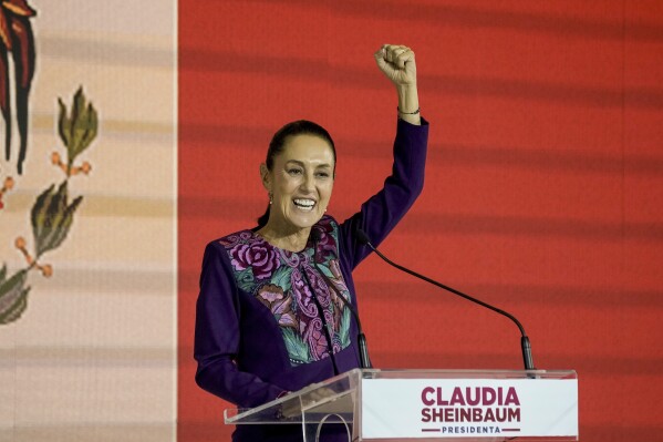 Ruling party presidential candidate Claudia Sheinbaum addresses supporters during general elections in Mexico City, early Monday, June 3, 2024. (AP Photo/Eduardo Verdugo)