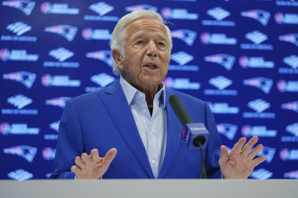 New England Patriots owner Robert Kraft answers a question during a media availability, Monday, Jan. 6, 2025, in Foxborough, Mass. (AP Photo/Charles Krupa)