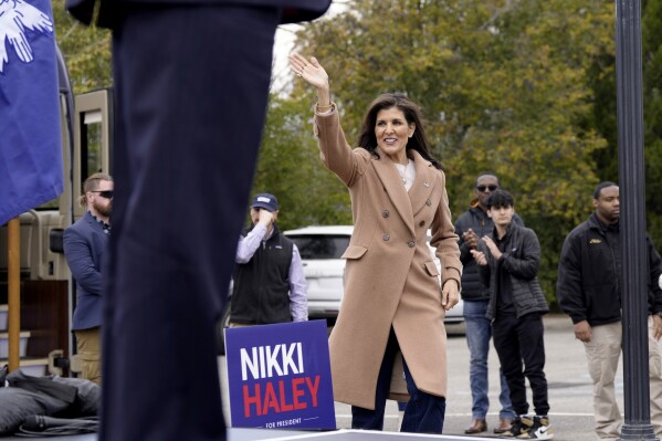Republican presidential candidate former UN Ambassador Nikki Haley walks to the stage at a campaign event after being introduced by U.S. Rep. Ralph Norman, R-S.C., on Monday, Feb. 19, 2024, in Camden, S.C. Haley has sharpened her attacks on former President Donald Trump, the GOP front-runner, as the two prepare to face off in South Carolina's Republican primary on Feb. 24. (AP Photo/Meg Kinnard)