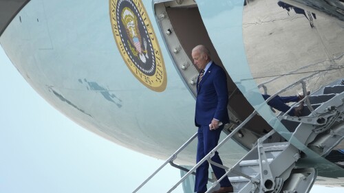 President Joe Biden walks down the steps of Air Force One at Andrews Air Force Base, Md., Thursday, July 6, 2023, after returning from a trip to South Carolina. (AP Photo/Susan Walsh)