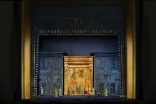 This photo provided by the Metropolitan Opera shows a set model by Christine Jones for Michael Mayer’s production of Verdi’s “Aida,” which opens at the Metropolitan Opera on Dec. 31, 2024. (Aram Kim/Metropolitan Opera via AP)