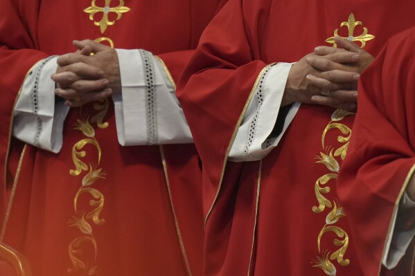 Cardinals attend a mass on the fifth of nine days of mourning for late Pope Francis, in St. Peter's Basilica at the Vatican, Wednesday, April 30, 2025. (AP Photo/Alessandra Tarantino)