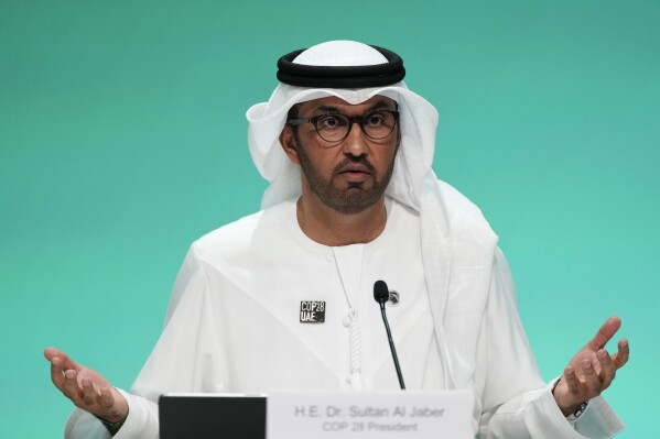 COP28 President Sultan al-Jaber speaks during a news conference at the COP28 U.N. Climate Summit, Monday, Dec. 4, 2023, in Dubai, United Arab Emirates. (AP Photo/Kamran Jebreili)