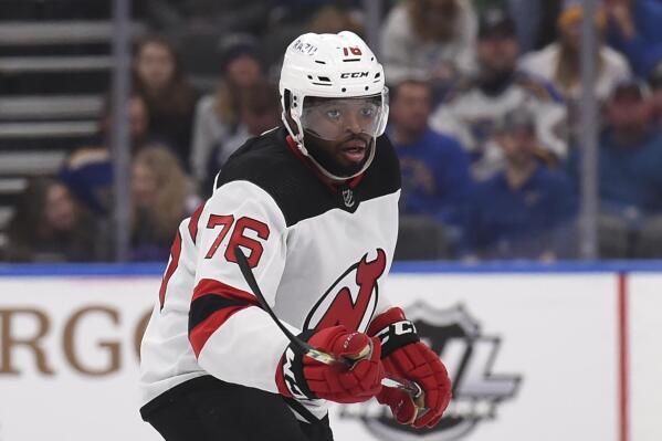 FILE - New Jersey Devils defenseman P.K. Subban (76) plays against the St. Louis Blues during the first period of an NHL hockey game Thursday, Feb. 10, 2022, in St. Louis. Subban announced his retirement from the NHL on Tuesday, Sept. 20, 2022, following 13 seasons playing for the Montreal Canadiens, Nashville Predators and New Jersey Devils. (AP Photo/Joe Puetz, File)