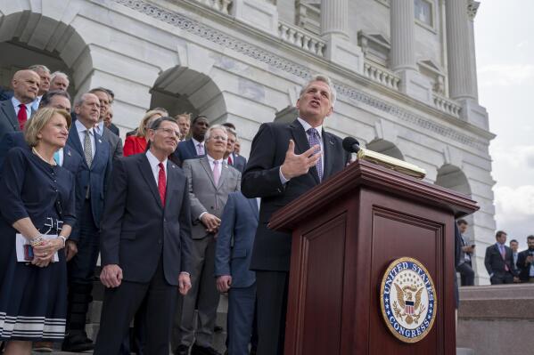 Speaker of the House Kevin McCarthy, R-Calif., is joined by Republicans from the Senate and the House as he leads an event on the debt limit negotiations, at the Capitol in Washington, Wednesday, May 17, 2023. McCarthy and President Joe Biden have tasked a handful of representatives to try and close out a final deal. (AP Photo/J. Scott Applewhite)