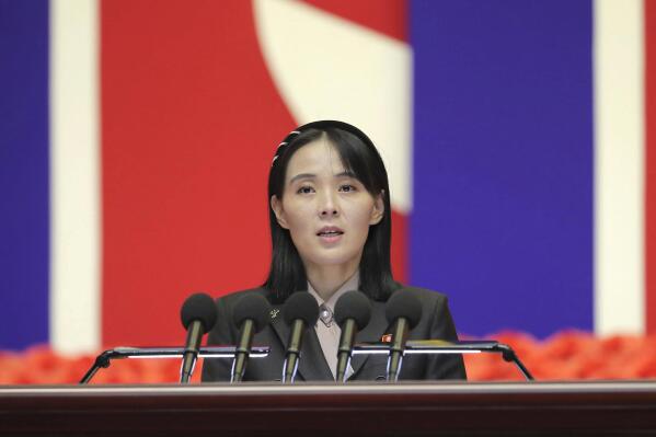 FILE - This photo provided on Aug. 14, 2022, by the North Korean government, Kim Yo Jong, sister of North Korean leader Kim Jong Un, delivers a speech during the national meeting against the coronavirus, in Pyongyang, North Korea, on Wednesday, Aug. 10, 2022. In a Friday, Aug. 19, 2022, commentary published by local media, Kim says her country will never accept South Korean President Yoon Suk Yeol’s “foolish” offer of economic benefits in exchange for denuclearization steps, accusing Seoul of recycling past proposals Pyongyang already rejected. (Korean Central News Agency/Korea News Service via AP)