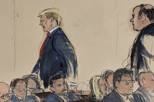 En este boceto de la sala del tribunal, el viernes 26 de enero. 2024, Donald Trump, a la izquierda, es seguido por su abogado interno Boris Epshteyn, mientras sale de la sala del tribunal federal, en Nueva York. (Elizabeth Williams via AP)