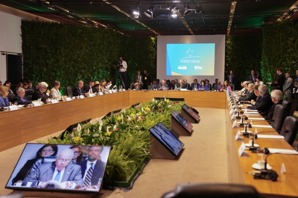 Foreign and Economy Ministers meet a day ahead of the 63rd Mercosur Summit, in Rio de Janeiro, Brazil, Wednesday, Dec. 6, 2023. (APPhoto/Silvia Izquierdo)