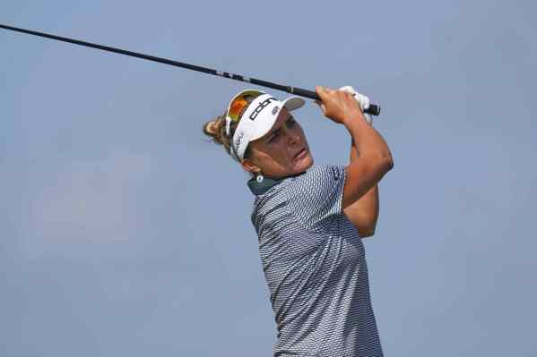 Lexi Thompson watches her tee shot on the sixth hole during the second round of the Women's PGA Championship golf tournament Friday, June 20, 2025, in Frisco, Texas. (AP Photo/LM Otero)
