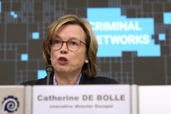Europol Executive-Director Catherine De Bolle, addresses a media conference to present the findings of Europol's report on the most threatening criminal networks in the European Union, at the Residence Palace in Brussels, Friday, April 5, 2024. (AP Photo/Virginia Mayo)