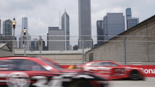 Todd Gilliland and Michael McDowell drive during practice for the NASCAR Cup Series auto race at the Grant Park 220 Saturday, July 1, 2023, in Chicago. (AP Photo/Morry Gash)