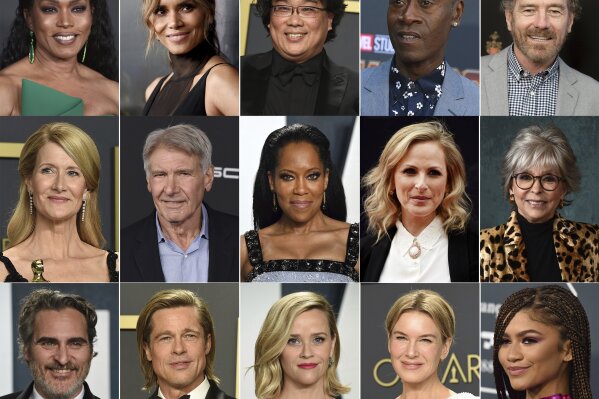 This combination of photos shows, top row from left, Angela Bassett, Halle Berry, Bong Joon Ho, Don Cheadle and Bryan Cranston, second row from left, Laura Dern, Harrison Ford, Regina King, Marlee Matlin and Rita Moreno, and bottom row from left, Joaquin Phoenix, Brad Pitt, Reese Witherspoon, Renee Zellweger and Zendaya, who will serve as presenters at the 93rd Oscars on April 25. (AP Photo)