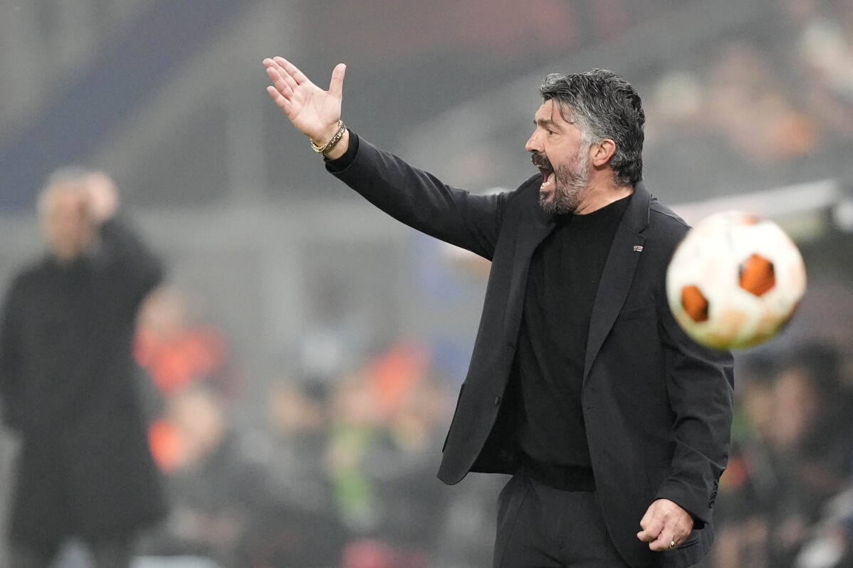 FILE - Marseille's head coach Gennaro Gattuso gestures to his players during the Europa League League play-off first leg soccer match between Shakhtar Donetsk and Olympique Marseille at Volksparkstadion in Hamburg, on Feb. 15, 2024. Gattuso has been fired by the French league club, a person with direct knowledge of the decision told The Associated Press on Monday Feb. 19, 2024. (AP Photo/Martin Meissner, File)