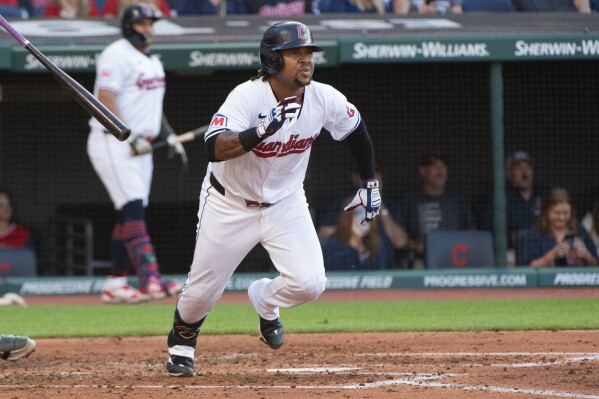 Cleveland Guardians' Jose Ramírez watches his RBI double off Minnesota Twins starting pitcher Bailey Ober during the third inning of a baseball game in Cleveland, Saturday, May 18, 2024. (AP Photo/Phil Long)