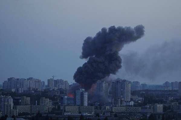 Smoke rises after a Russian air strike on Kyiv, Ukraine, on Friday, June 6, 2025. (AP Photo/Evgeniy Maloletka)