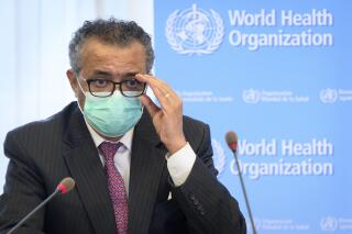 FILE - In this Monday, May 24, 2021 file photo, Tedros Adhanom Ghebreyesus, Director General of the World Health Organization (WHO), speaks at the WHO headquarters, in Geneva, Switzerland. The head of the World Health Organization said Thursday, July 15 that he is asking China to be more transparent as scientists search for the origins of the coronavirus and acknowledged it was premature to rule out that the pandemic may have been linked to a laboratory leak. (Laurent Gillieron/Keystone via AP, File)