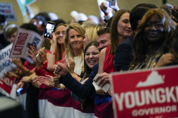 Supporters of Republican gubernatorial candidate Glenn Youngkin gather for an election night party in Chantilly, Va., Tuesday, Nov. 2, 2021. (AP Photo/Andrew Harnik)