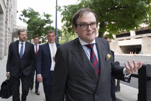 Samuel Dewey representing the conservative think tank The Heritage Foundation, leaves the federal courthouse in Washington, Tuesday, June 6, 2023. The Heritage Foundation is suing President Joe Biden's administration to force officials to release Prince Harry's immigration files, after the Duke of Sussex admitted to using illegal drugs.(AP Photo/Manuel Balce Ceneta)