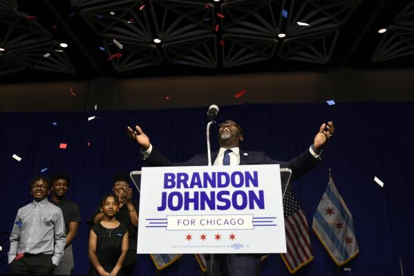 Chicago Mayor-elect Brandon Johnson celebrates with supporters after defeating Paul Vallas after the mayoral runoff election late Tuesday, April 4, 2023, in Chicago. (AP Photo/Paul Beaty)