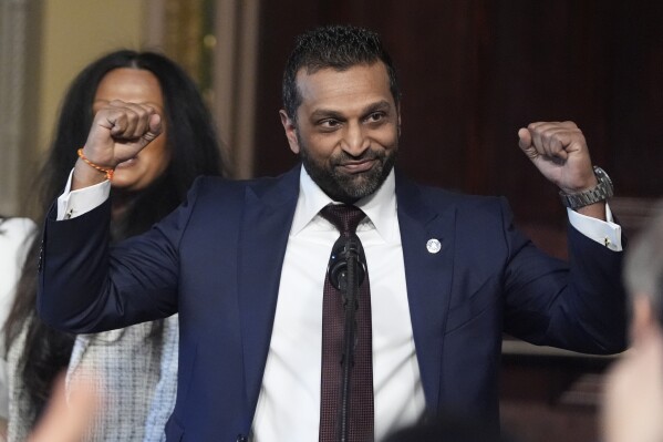Kash Patel, President Donald Trump's new director of the FBI, reacts during his ceremonial swearing-in, Friday, Feb. 21, 2025, in the Indian Treaty Room at the Eisenhower Executive Office Building on the White House campus in Washington. (AP Photo/Mark Schiefelbein)