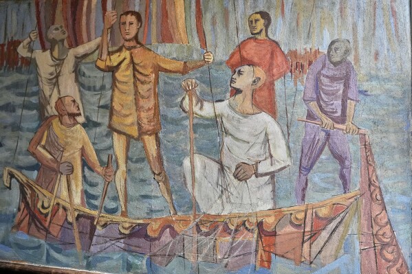 This photo shows a detail of a fresco painted in the 1950s on a wall at the South Solon Meeting House, Sunday, April 6, 2025, in Solon, Maine. (Courtesy of the South Solon Historical Society via AP)