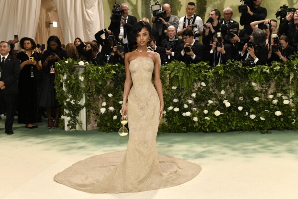 Tyla attends a benefit gala for the Metropolitan Museum of Art's Costume Institute to celebrate the opening "Sleeping Beauty: Awakening Fashion" Exhibition on Monday, May 6, 2024 in New York.  (Photo by Evan Agostini/Invision/AP)