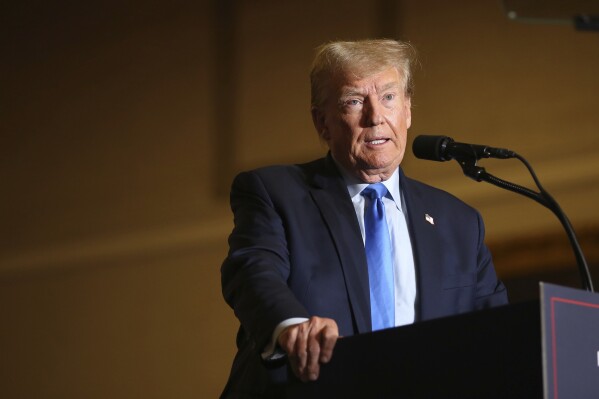 FILE - Former President Donald Trump speaks at a campaign rally Saturday, Nov. 11, 2023, in Claremont, N.H. (AP Photo/Reba Saldanha, File)