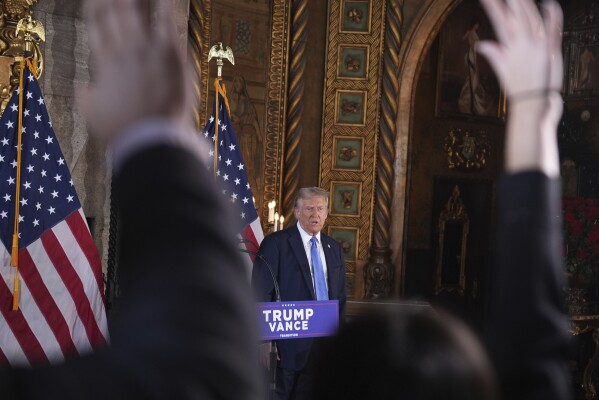 President-elect Donald Trump speaks during a news conference at Mar-a-Lago, Dec. 16, 2024, in Palm Beach, Fla. (AP Photo/Evan Vucci, FILE)