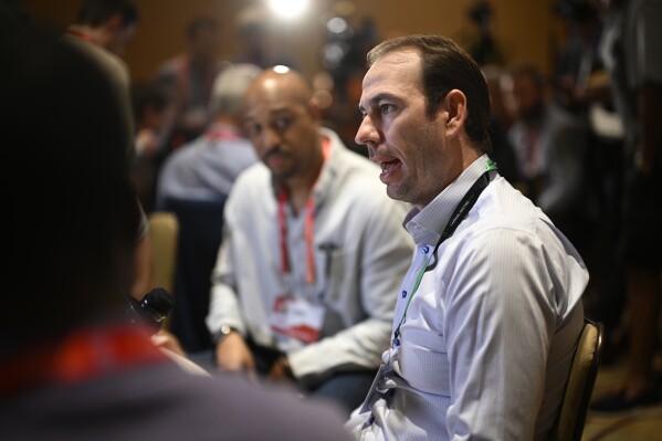 Indianapolis Colts head coach Shane Steichen talks with reporters during an AFC coaches availability at the NFL owners meetings, Monday, March 25, 2024, in Orlando, Fla. (AP Photo/Phelan M. Ebenhack)
