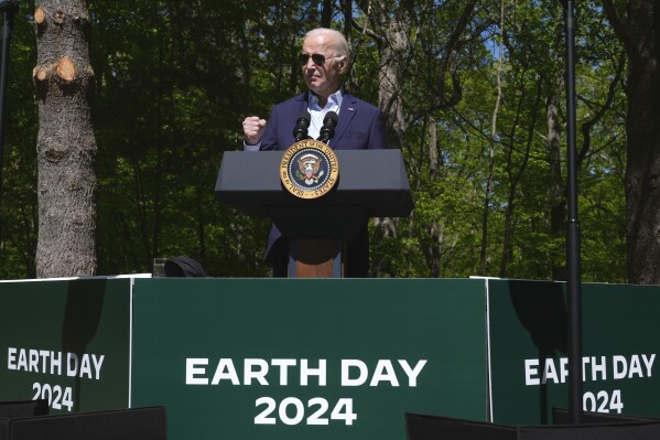 President Joe Biden speaks at Prince William Forest Park on Earth Day, Monday, April 22, 2024, in Triangle, Va. Biden is announcing $7 billion in federal grants to provide residential solar projects serving low- and middle-income communities and expanding his American Climate Corps green jobs training program. (AP Photo/Manuel Balce Ceneta)