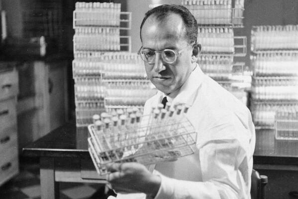 FILE - In this Oct. 7, 1954, file photo, Dr. Jonas Salk, developer of the polio vaccine, holds a rack of test tubes in his lab in Pittsburgh. Tens of millions of today's older Americans lived through the polio epidemic, their childhood summers dominated by concern about the virus. Some parents banned their kids from public swimming pools and neighborhood playgrounds and avoided large gatherings. Some of those from the polio era are sharing their memories with today's youngsters as a lesson of hope for the battle against COVID-19. Soon after polio vaccines became widely available, U.S. cases and death tolls plummeted to hundreds a year, then dozens in the 1960s, and to U.S. eradication in 1979. A handful of cases since then have arrived in visitors from overseas. (AP Photo, File)