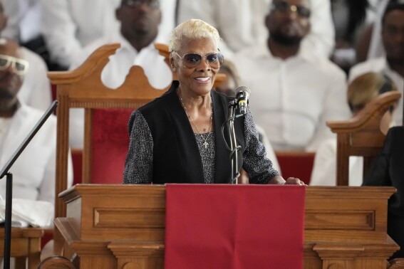 Dionne Warwick speaks during a ceremony celebrating the life of Cissy Houston on Thursday, Oct. 17, 2024, at the New Hope Baptist Church in Newark, N.J. (Photo by Charles Sykes/Invision/AP)