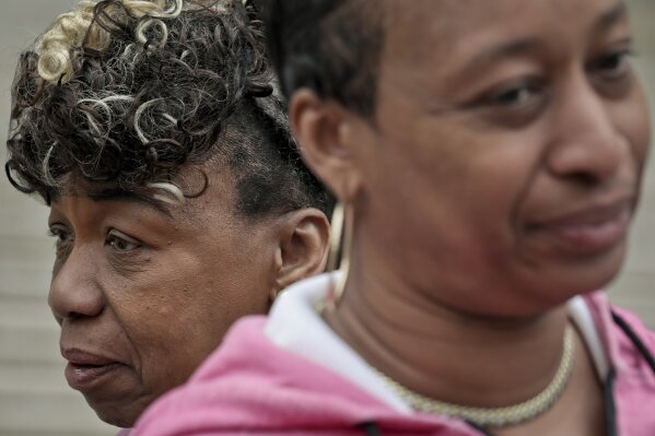 
              In this Thursday May 9, 2019 photo, Gwen Carr, left, mother of Eric Garner- an unarmed black man who died as he was being subdued in a chokehold by police officer Daniel Pantaleo nea...