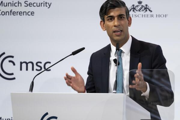 Rishi Sunak, Prime Minister of the United Kingdom, delivers a speech during the Munich Security Conference in Munich, Germany, Saturday, Feb. 18, 2023. The 59th Munich Security Conference (MSC) takes place from Feb. 17 to Feb. 19, 2023 at the Bayerischer Hof Hotel in Munich. (Sven Hoppe/dpa via AP)