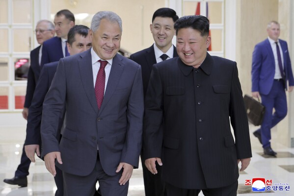 In this photo provided by the North Korean government, North Korean leader Kim Jong Un, front right, meets with Russian Security Council Secretary Sergei Shoigu, left, at the headquarters of the ruling Workers' Party in Pyongyang, North Korea, Tuesday, June 17, 2025. Independent journalists were not given access to cover the event depicted in this image distributed by the North Korean government. The content of this image is as provided and cannot be independently verified. Korean language watermark on image as provided by source reads: "KCNA" which is the abbreviation for Korean Central News Agency. (Korean Central News Agency/Korea News Service via AP)
